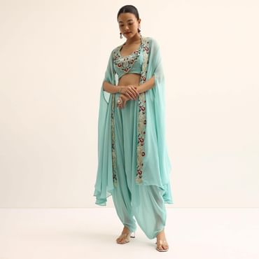 Blue Embellished Crop Top And Dhoti Set