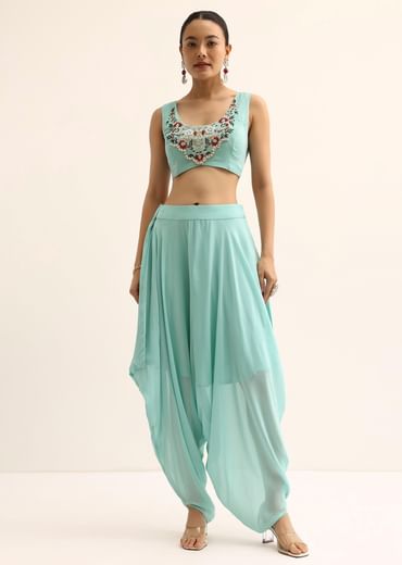 Blue Embellished Crop Top And Dhoti Set