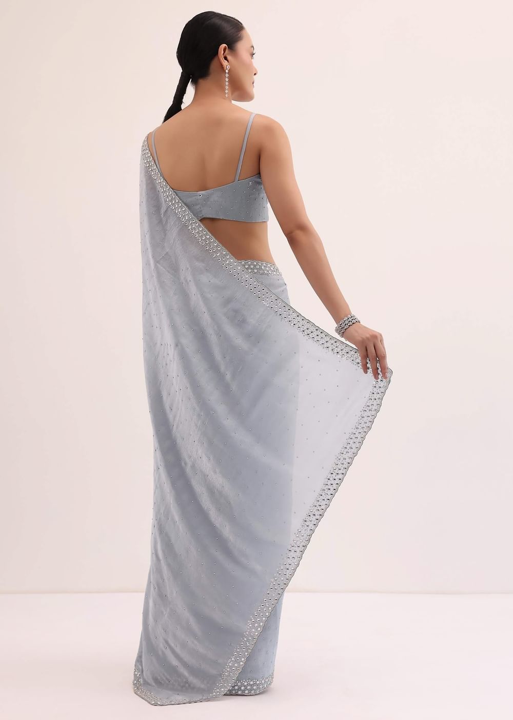 Blue Embroidered Chiffon Saree With Unstitched Blouse