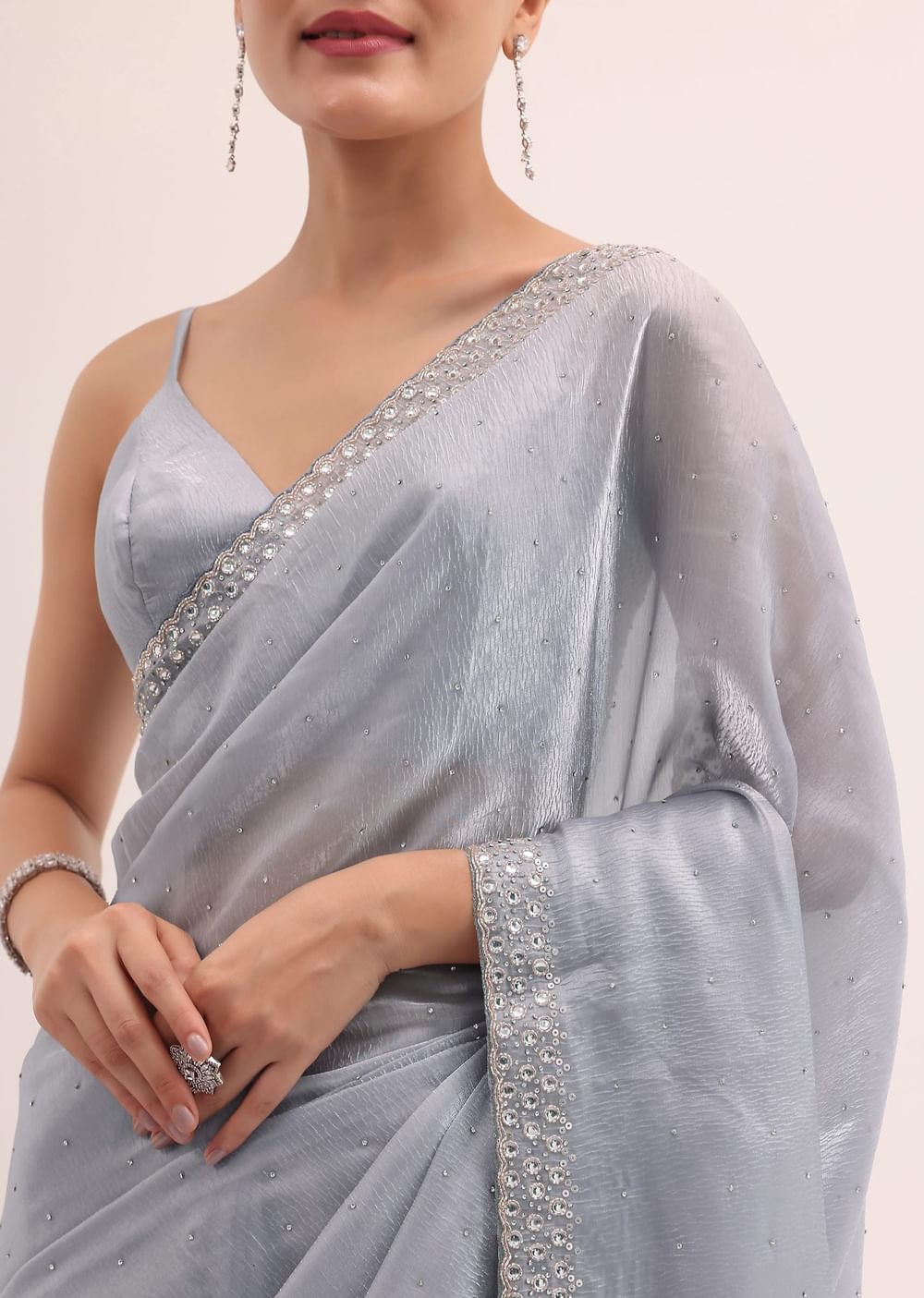 Blue Embroidered Chiffon Saree With Unstitched Blouse