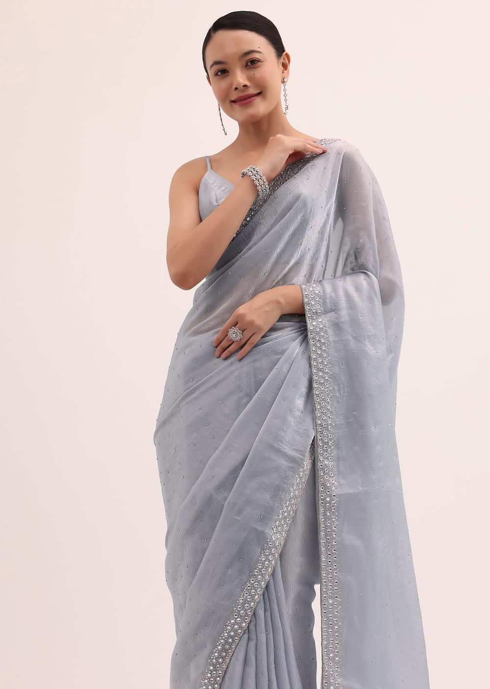 Blue Embroidered Chiffon Saree With Unstitched Blouse