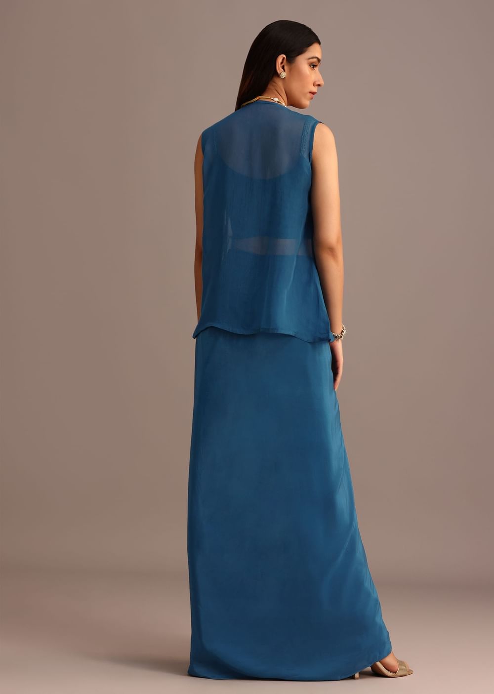 Blue Embroidered Croptop With Drape Skirt And Organza Jacket