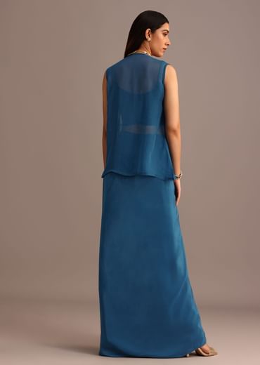Blue Embroidered Croptop With Drape Skirt And Organza Jacket