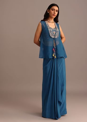 Blue Embroidered Croptop With Drape Skirt And Organza Jacket