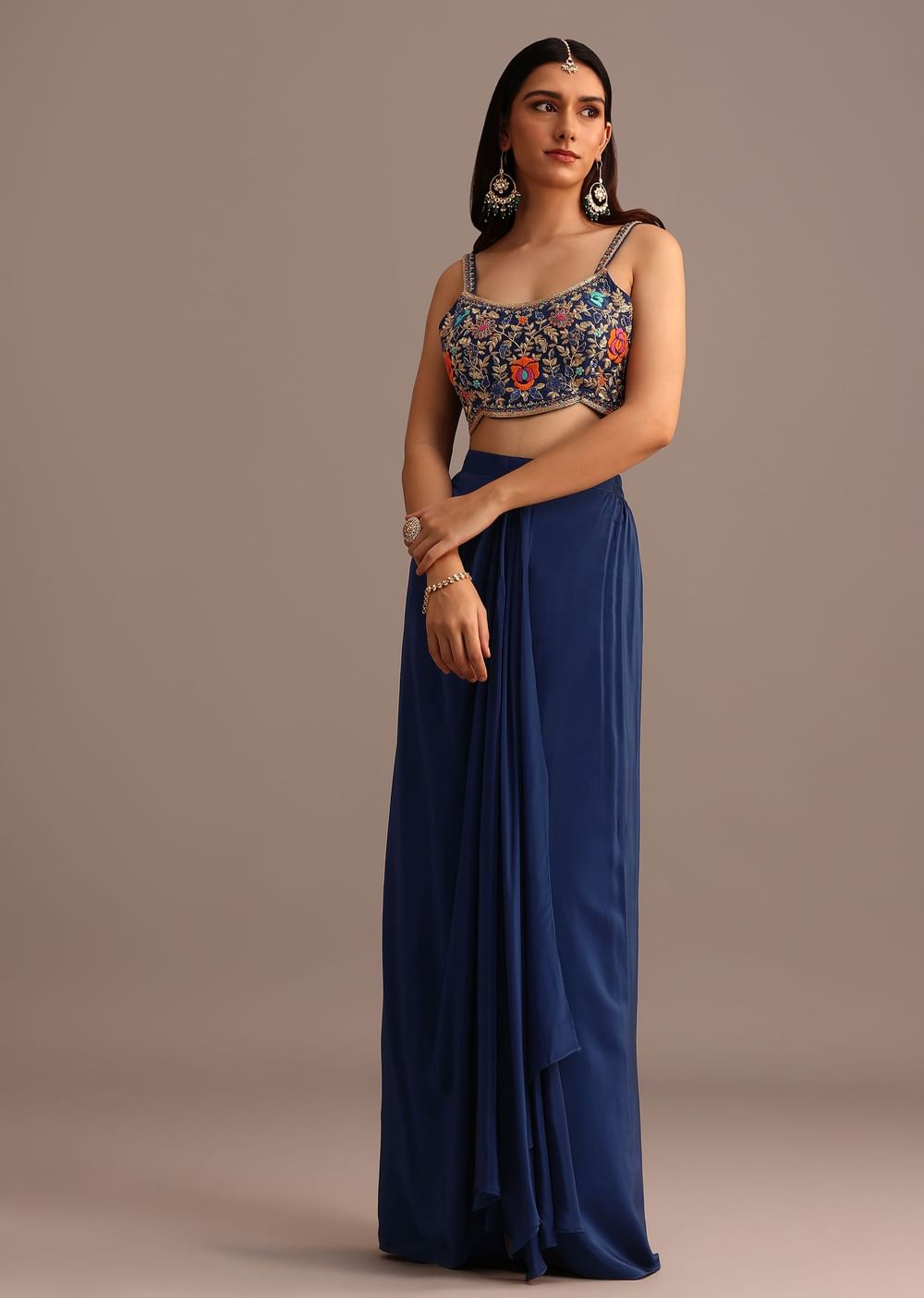 Blue Embroidered Croptop With Drape Skirt And Tussar Jacket