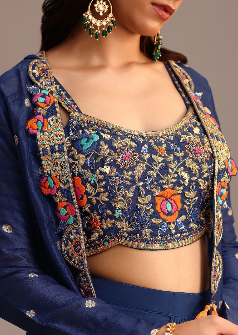 Blue Embroidered Croptop With Drape Skirt And Tussar Jacket