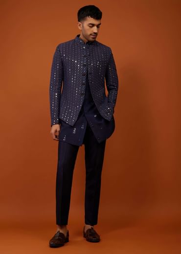 Midnight Blue Embroidered Indo-Western Bandi Set In Georgette