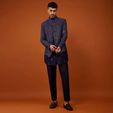 Midnight Blue Embroidered Indo-Western Bandi Set In Georgette