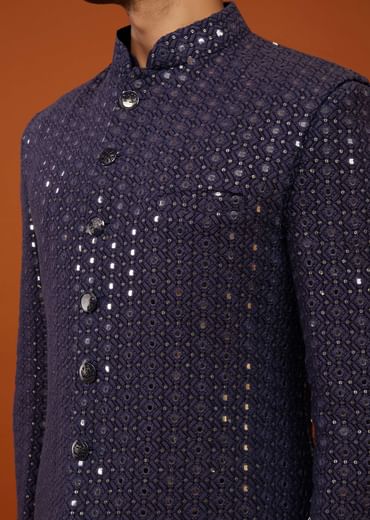Midnight Blue Embroidered Indo-Western Bandi Set In Georgette