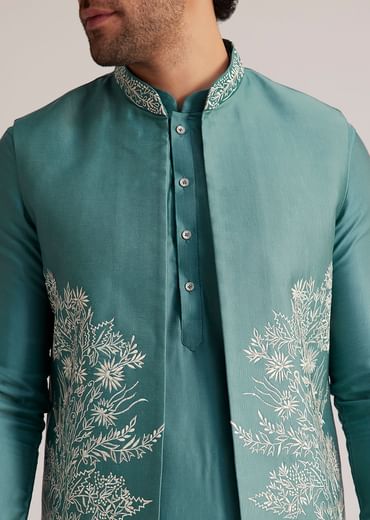 Blue Embroidered Jacket Kurta Set