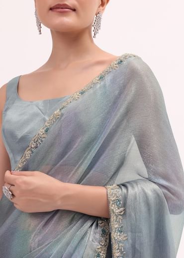 Blue Embroidered Saree With Unstitched Blouse