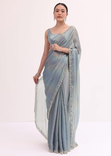 Blue Embroidered Saree With Unstitched Blouse