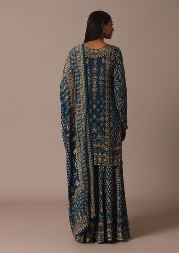 Blue Embroidered Sharara Set With Printed And Stone Work Kurta