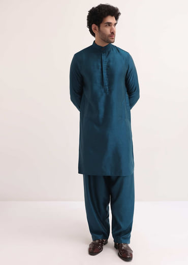 Blue Embroidered Silk Kurta Jacket Set For Men