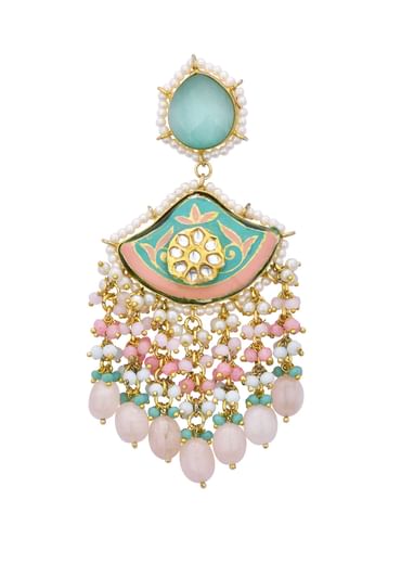 Blue Enameled Danglers With Pink Bead Drops And Kundan