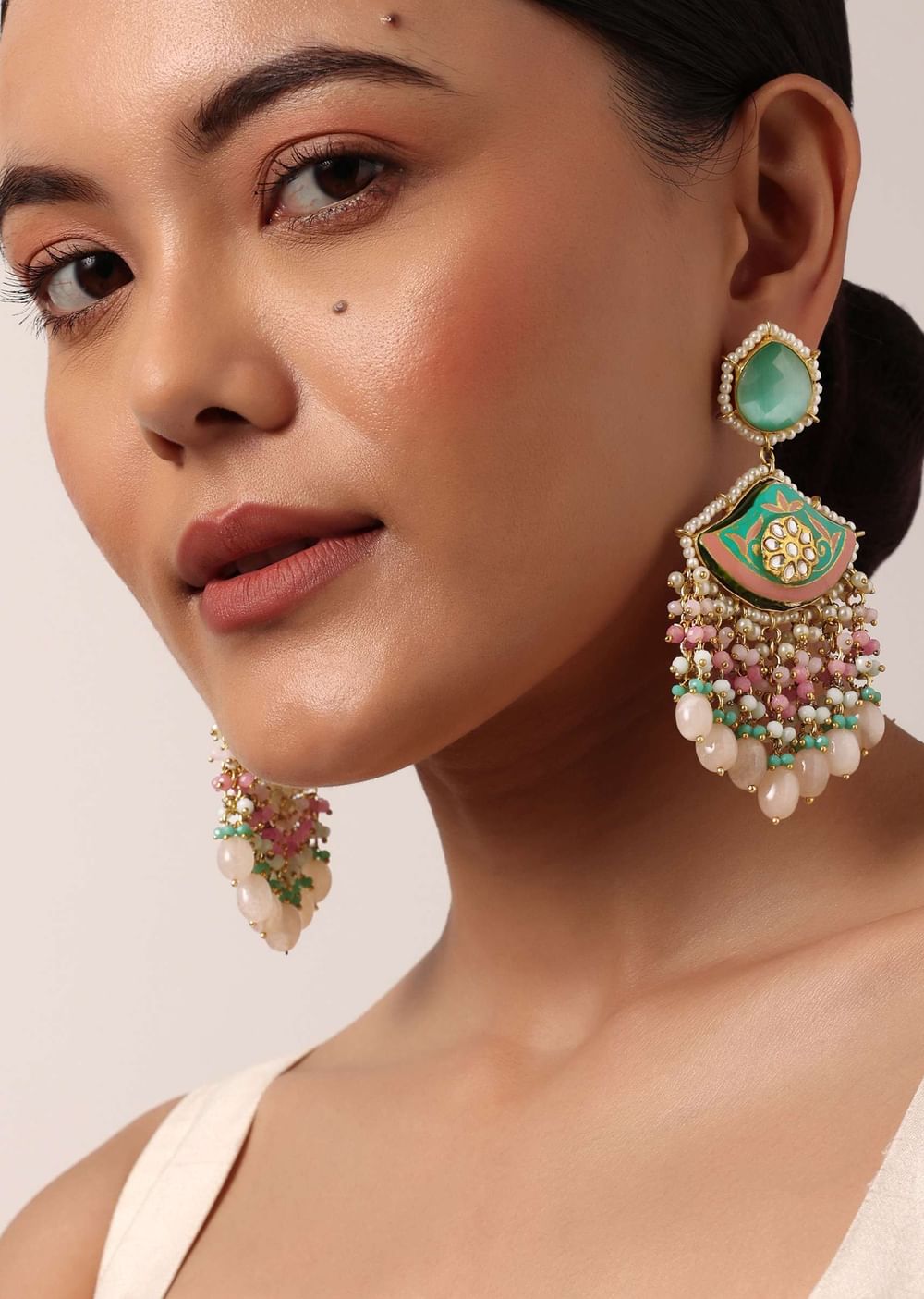 Blue Enameled Danglers With Pink Bead Drops And Kundan