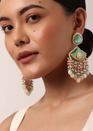Blue Enameled Danglers With Pink Bead Drops And Kundan