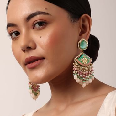 Blue Enameled Danglers With Pink Bead Drops And Kundan