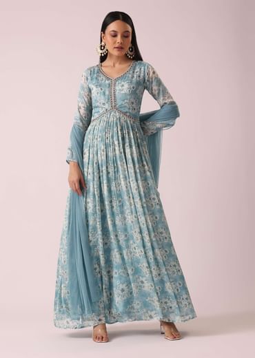 Blue Firozi Floral Print Anarkali Set In Chinon