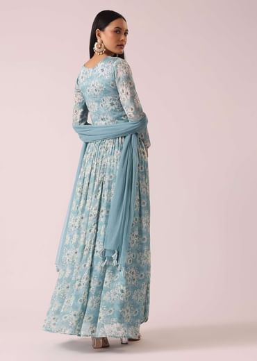 Blue Firozi Floral Print Anarkali Set In Chinon