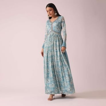 Blue Firozi Floral Print Anarkali Set In Chinon