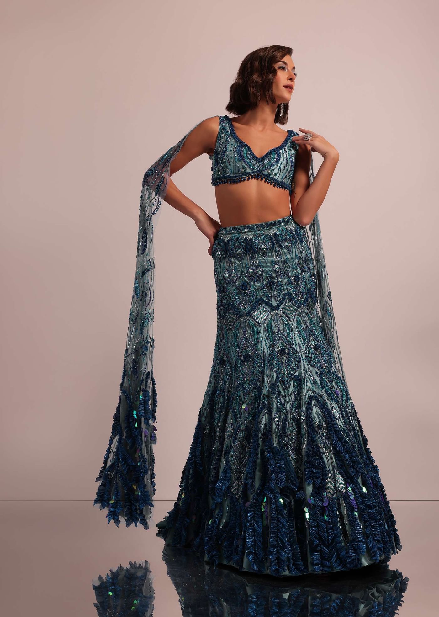 Blue Fish Cut Bridal Lehenga Set With Long Trail Sleeves And Heavy Embroidery