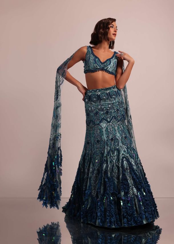 Blue Fish Cut Bridal Lehenga Set With Long Trail Sleeves And Heavy Embroidery