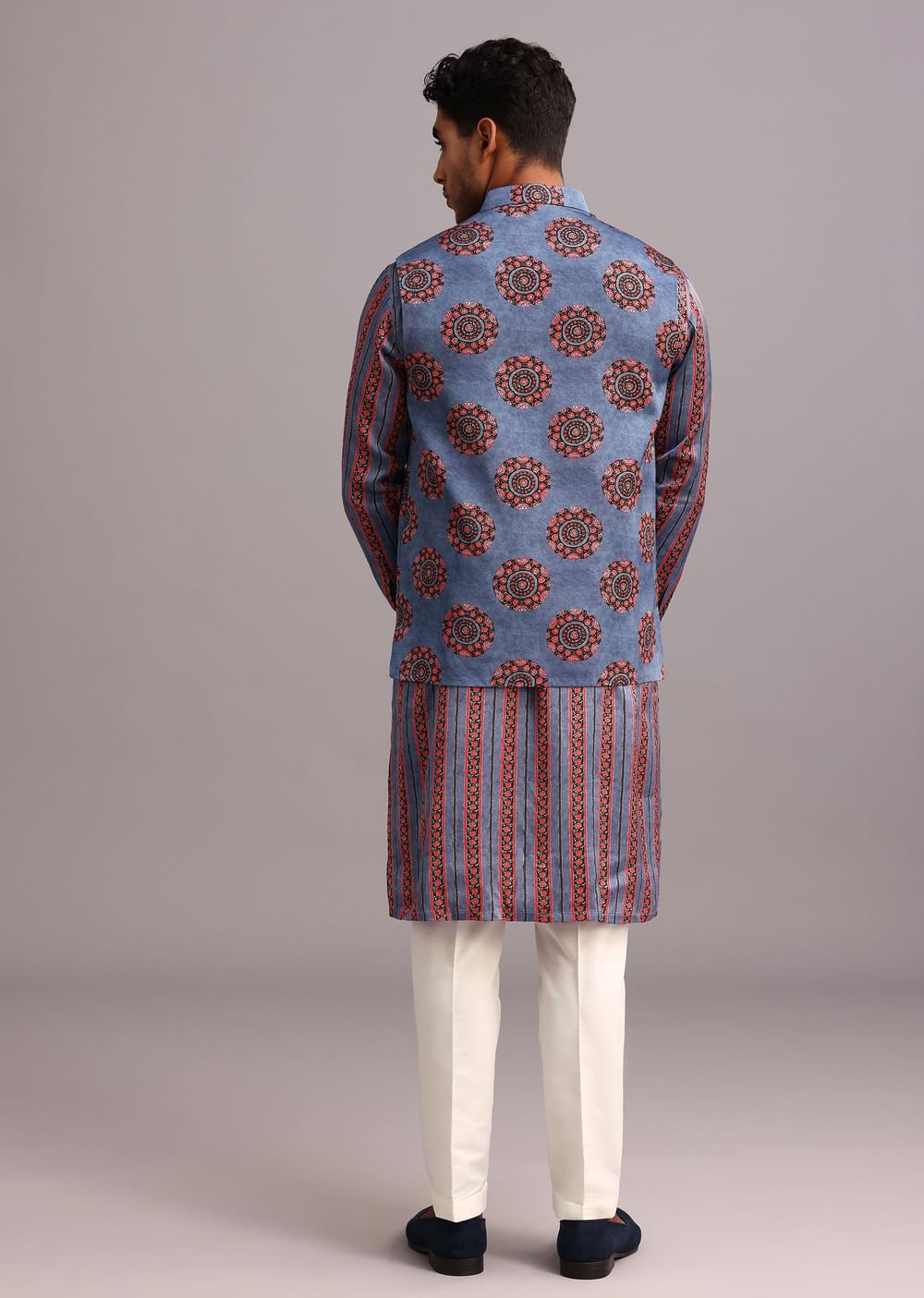 Blue Floral And Stripe Print Jacket Kurta Set In Silk