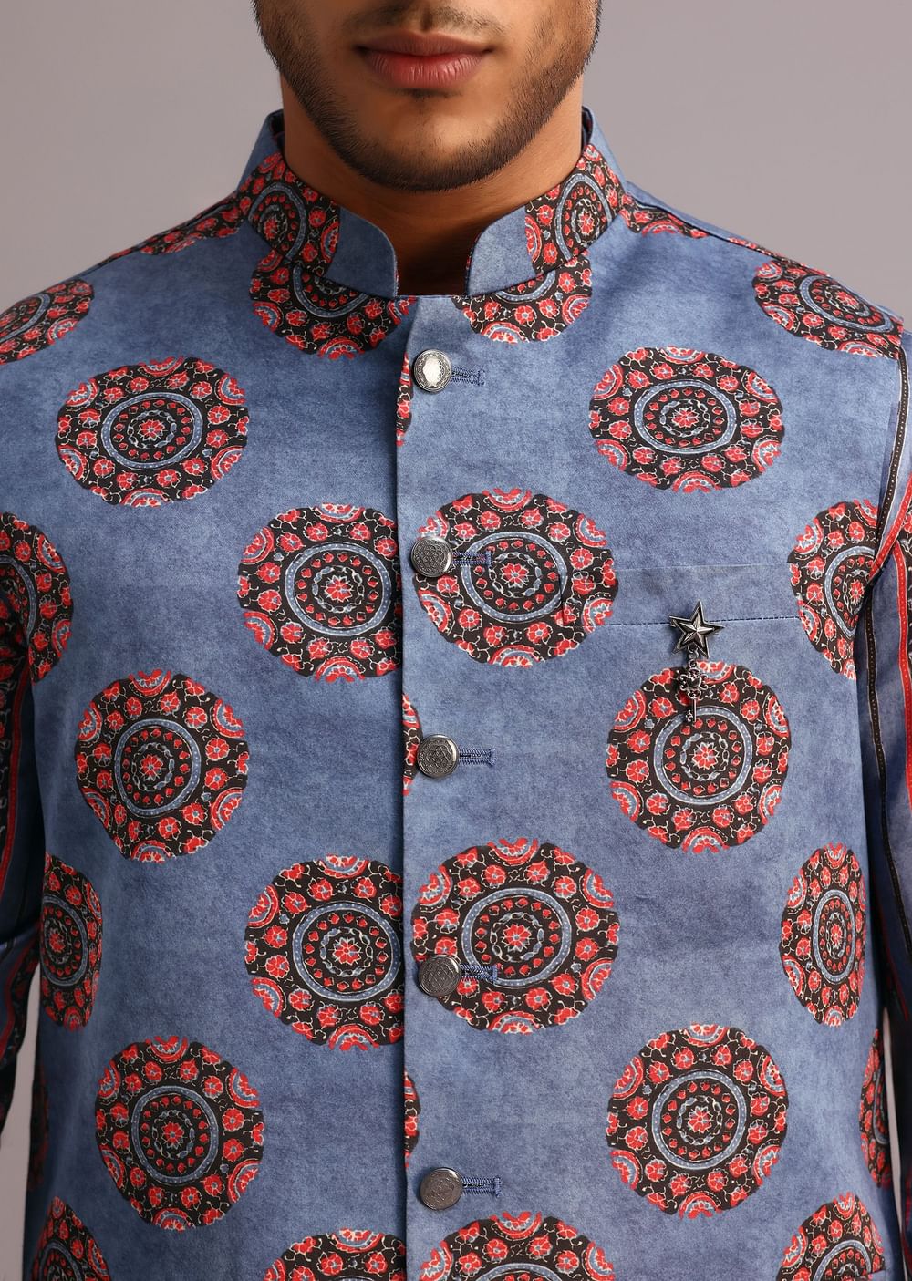 Blue Floral And Stripe Print Jacket Kurta Set In Silk