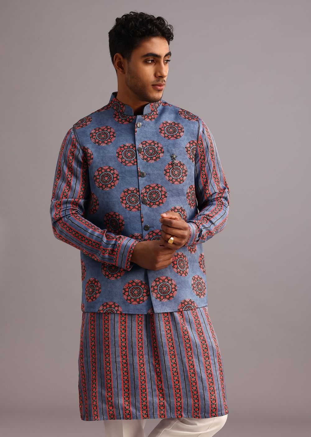 Blue Floral And Stripe Print Jacket Kurta Set In Silk
