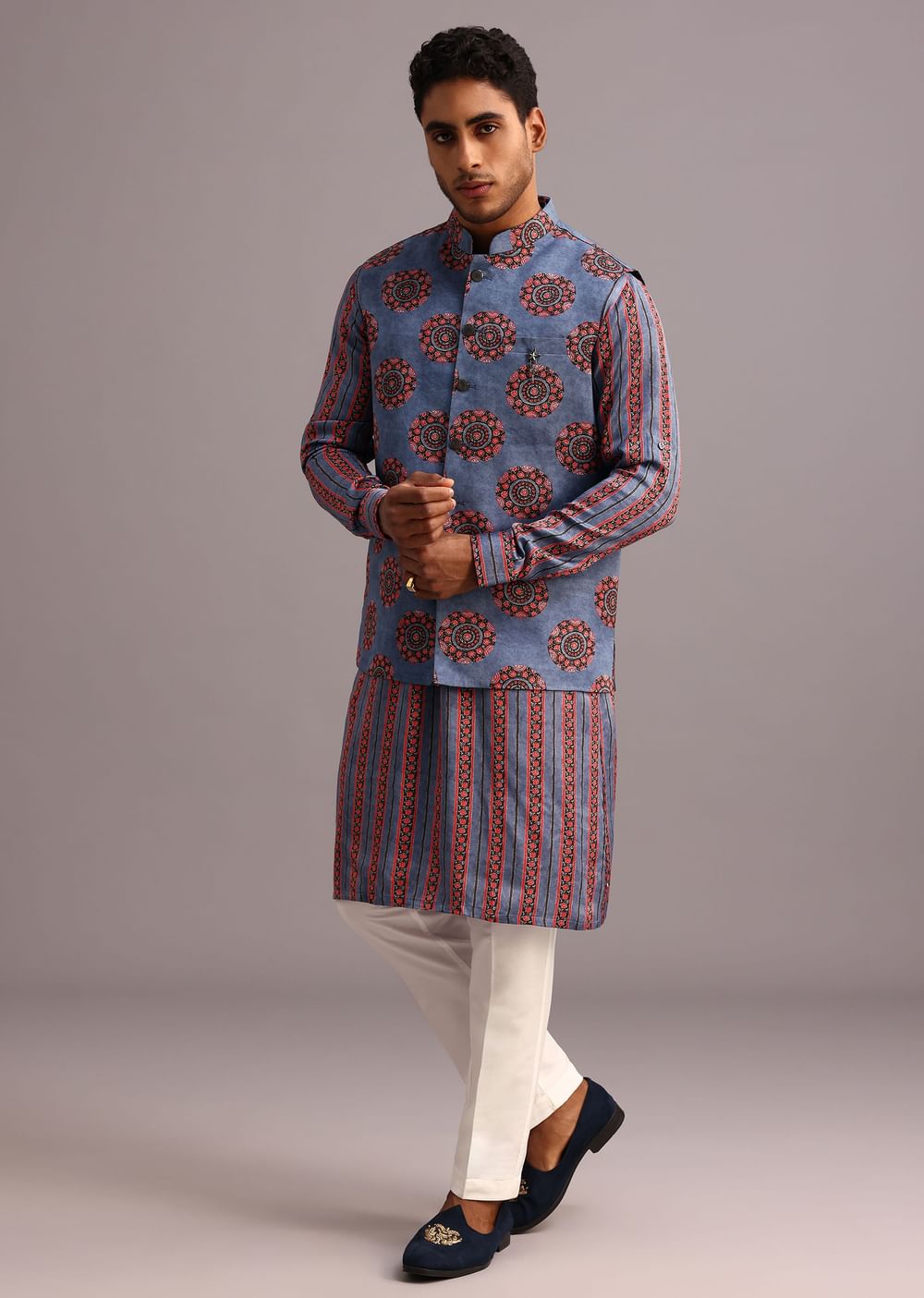 Blue Floral And Stripe Print Jacket Kurta Set In Silk