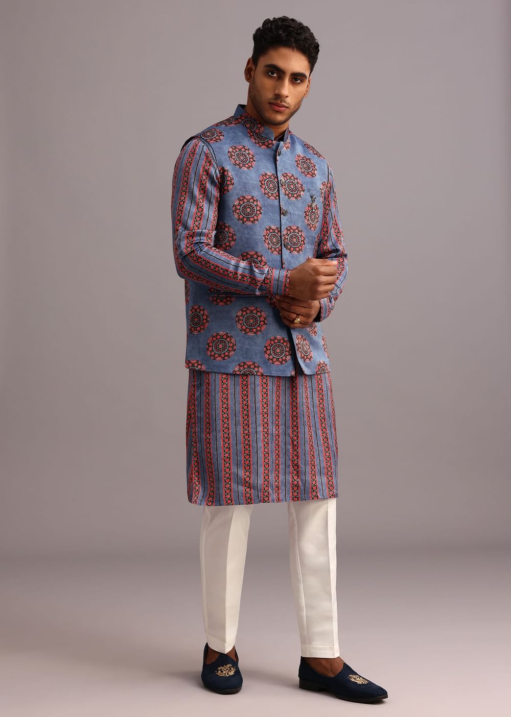 Blue Floral And Stripe Print Jacket Kurta Set In Silk