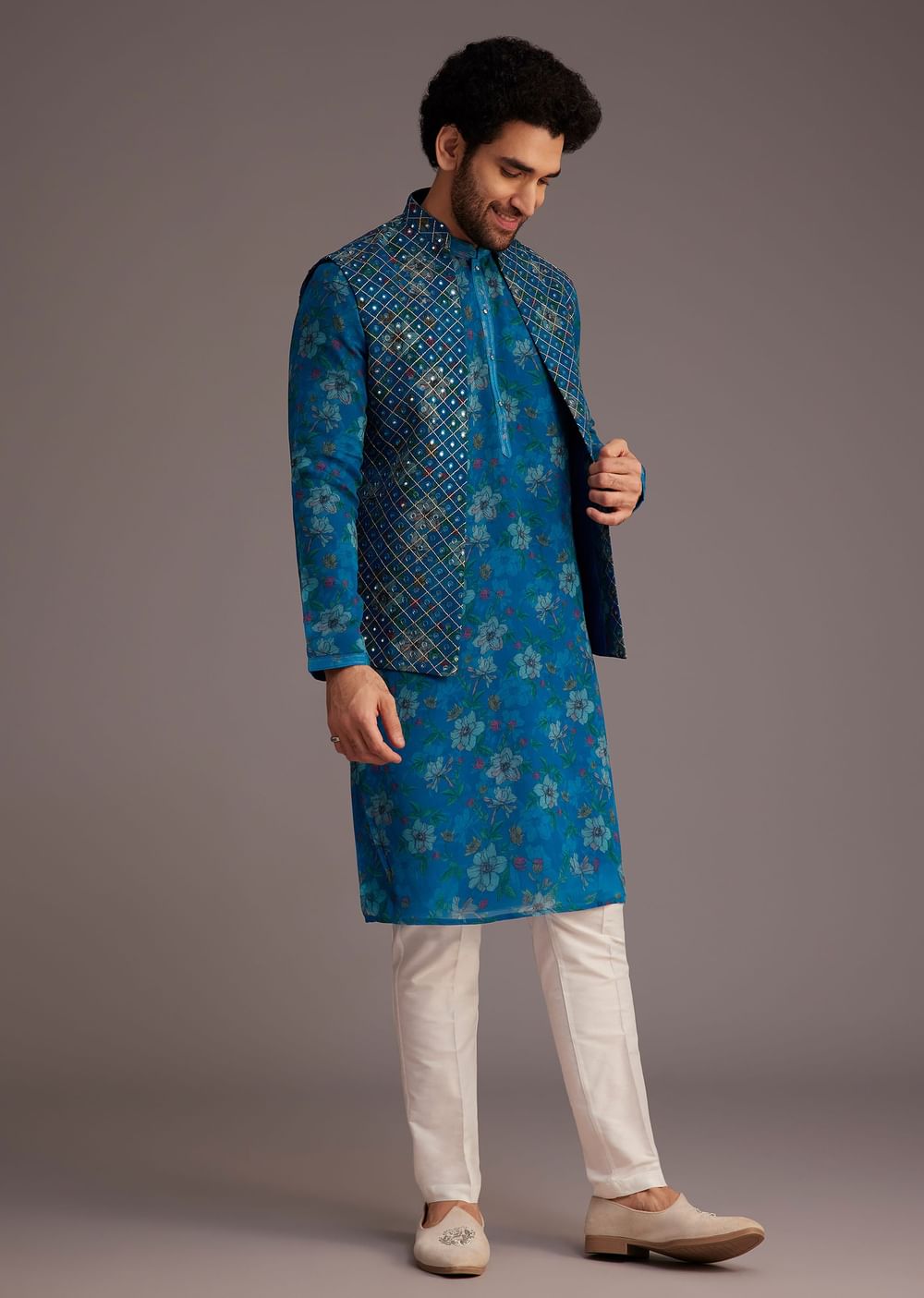 Blue Floral Kurta Set With Embroidered Sleeveless Jacket