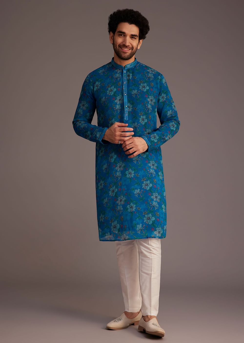 Blue Floral Kurta Set With Embroidered Sleeveless Jacket