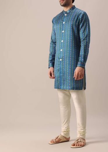 Blue Floral Print Jacket And Kurta Set In Silk