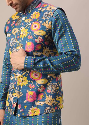 Blue Floral Print Jacket And Kurta Set In Silk