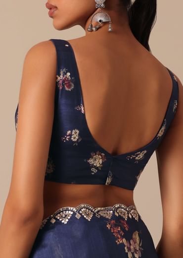 Blue Floral Print Tussar Silk Saree With Unstitched Blouse Piece