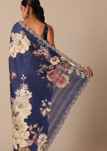Blue Floral Print Tussar Silk Saree With Unstitched Blouse Piece
