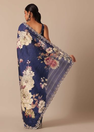 Blue Floral Print Tussar Silk Saree With Unstitched Blouse Piece