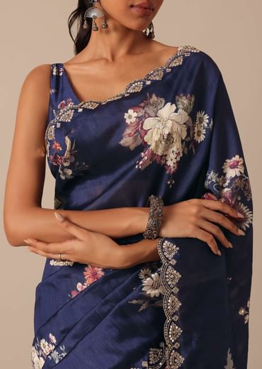 Blue Floral Print Tussar Silk Saree With Unstitched Blouse Piece