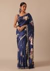 Blue Floral Print Tussar Silk Saree With Unstitched Blouse Piece