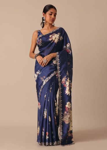 Blue Floral Print Tussar Silk Saree With Unstitched Blouse Piece