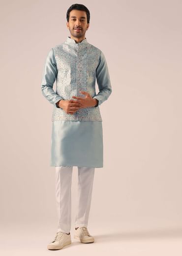 Blue Fusion Jacket Kurta Set with Cutwork