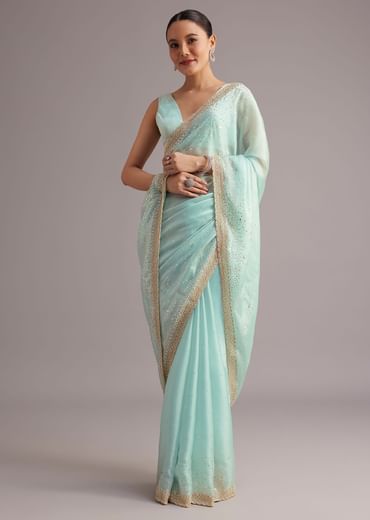 Blue Glass Tissue Saree With Cutdana Sequin And Beaded Embroidery
