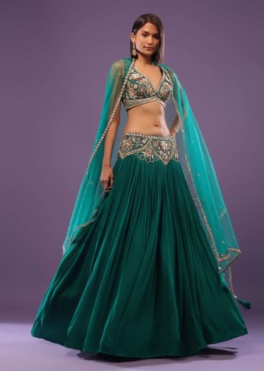 Emerald Green Embroidered Lehenga Set In Georgette