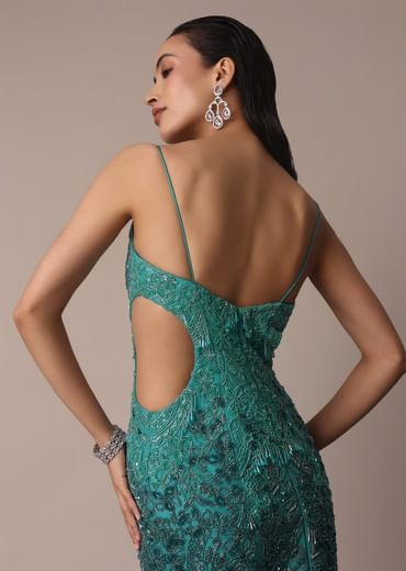Green Blue Ombre Zardosi Fishcut Draped Gown