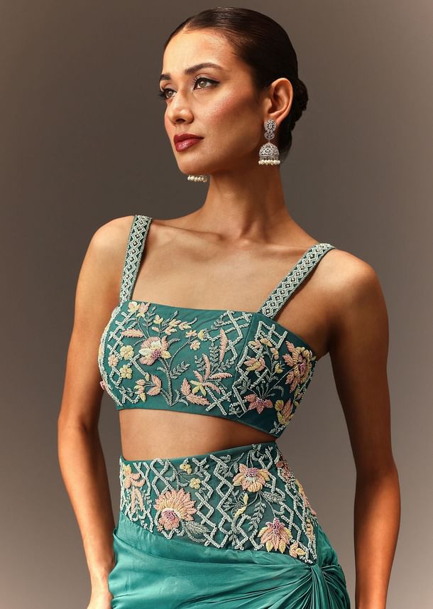 Hand Embroidered Blouse And Drape Skirt With Cape