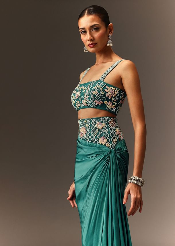 Hand Embroidered Blouse And Drape Skirt With Cape