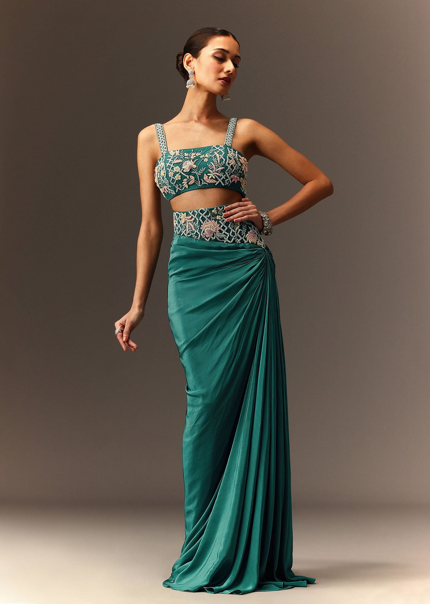 Hand Embroidered Blouse And Drape Skirt With Cape