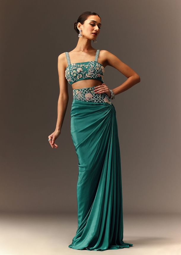 Hand Embroidered Blouse And Drape Skirt With Cape